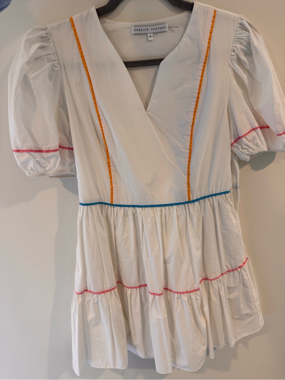English Factory Girls' White Tiered Dress with Color Trim